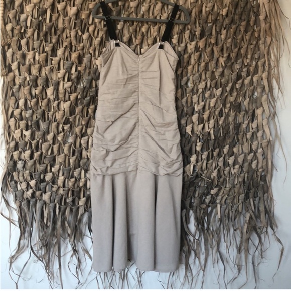 Anthropologie- Atsu linen ruched drop waist hem midi dress- beige & black straps - Picture 7 of 10